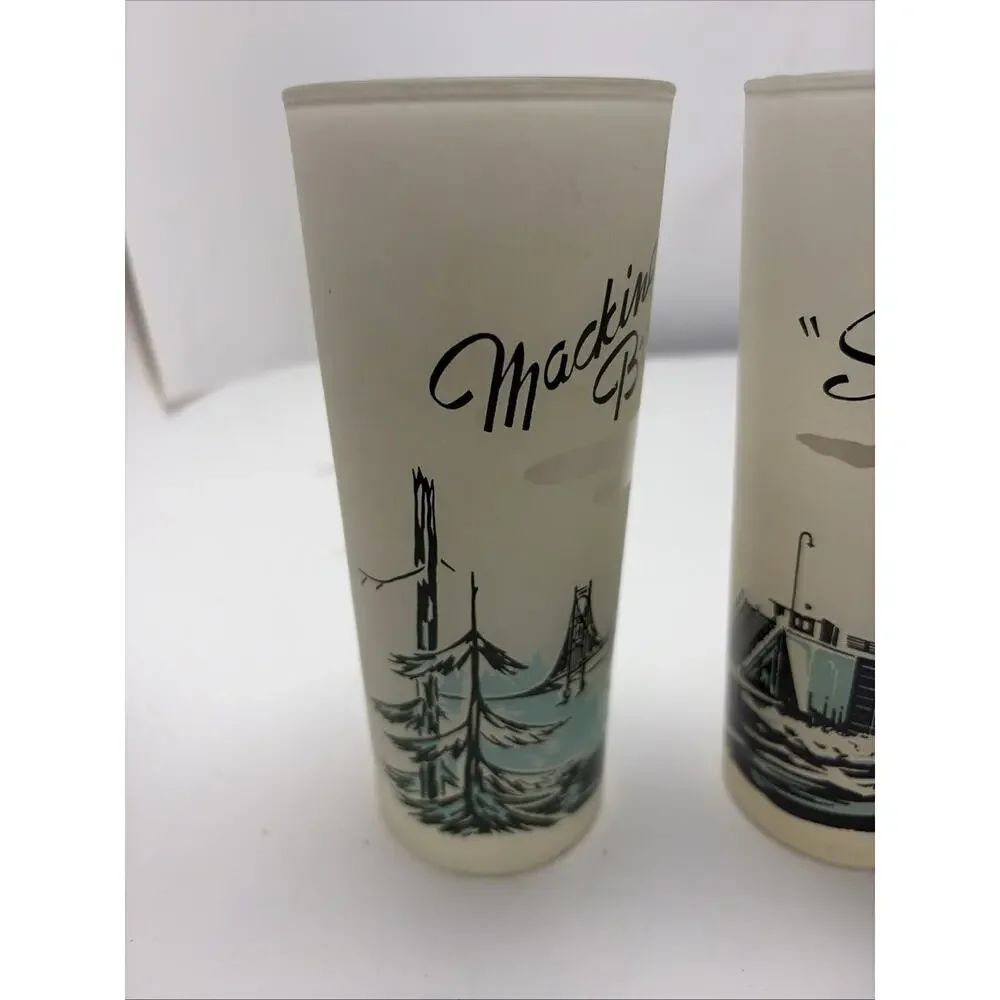 3 Vintage Michigan Souvenir Frosted Glasses Tumblers Mackinac Bridge UZ4